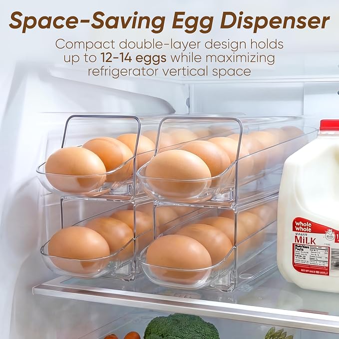 theaoo Auto Rolling Egg Dispenser for Refrigerator with Quick Removable Inner Tray, Space-Saving Egg Organizer and Holder, Egg Storage Container for Fridge, Easy to Load and Grab Eggs (2 Pack) - Image 4