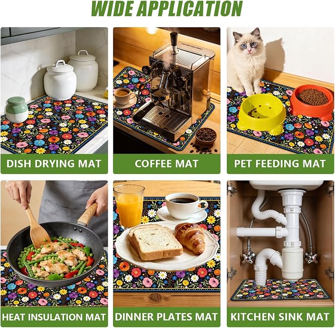 3 Pcs 2 Size Kitchen Sink Splash Guard Faucet Mat Bohemian Flowers Pattern Faucet Mats for Sinks Colorful Flower Absorbing Drying Mat for Kitchen Bathroom - Image 7