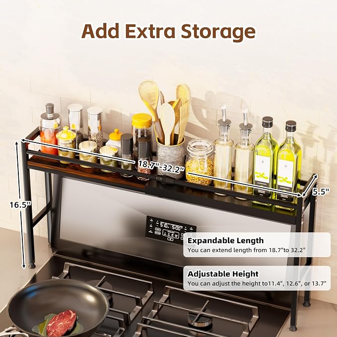 Over the Stove Shelf, Adjustable Spice Shelf for Kitchen, Sink | Rustic Metal & Wood Shelf Organizer | Extendable & 3 Level Adjustable Height Spice Rack for Back of Stove - Image 4