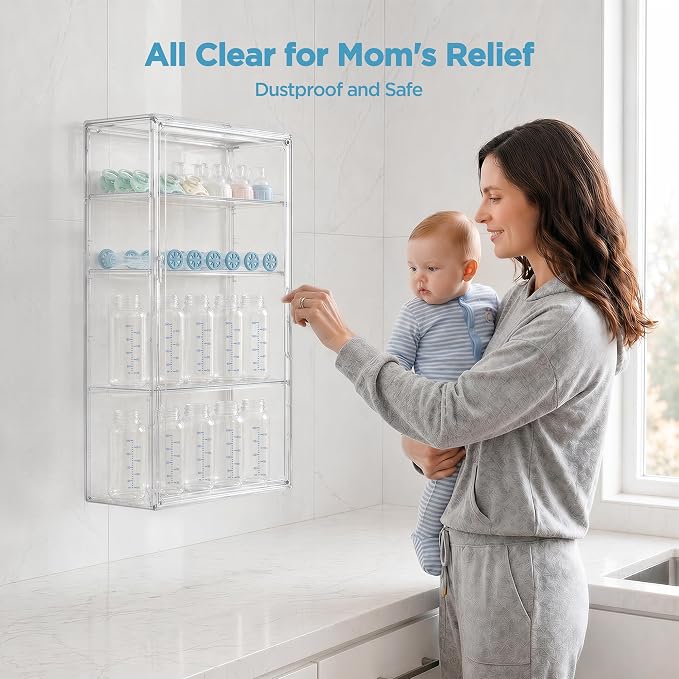HBlife Baby Bottle Storage Organizer for Wall Countertop Cabinet, 4 Tiers Adjustable Clear Acrylic Bottles Storage Station Case Box Container with 3 Removable Dividers and Magnetic Door, Large - Image 2