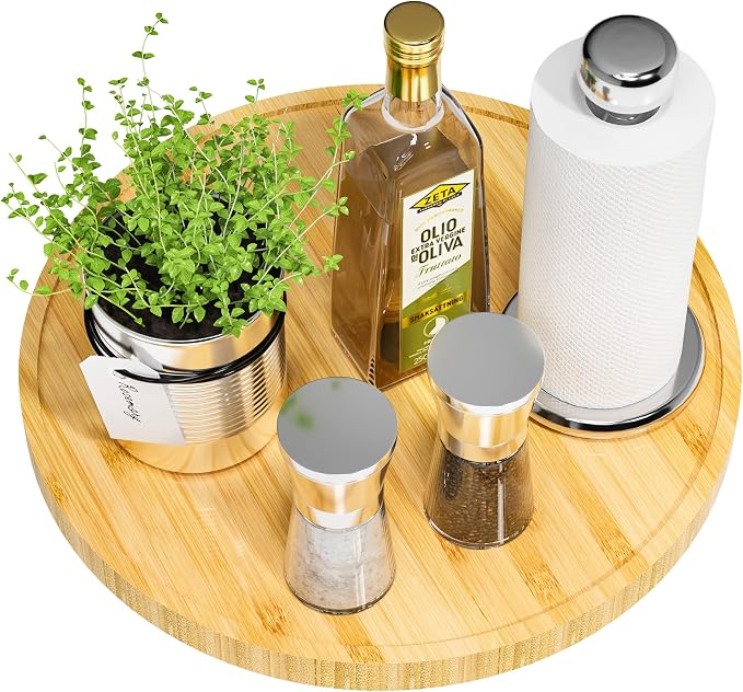 Lazy Susan for Table, 12 Inch Non-Skid Bamboo Turntable Organizer | Salt Pepper Spices and Olive Oil Next to Stove, Wooden Lazy Susan Organizer for Kitchen Countertop Organizer by VeyFey