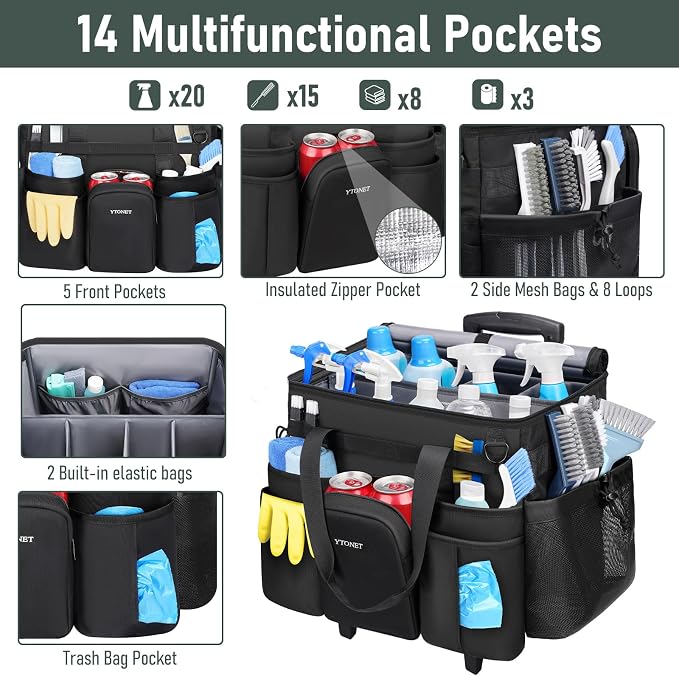 Ytonet XXL Rolling Cleaning Caddy, Large Cleaning Caddy with Wheels | Water Resistant Rolling Caddy for Cleaning Supplies, Cleaning Caddy Bag, Tool Organizer, Cleaner bags for Housekeepers - Image 4