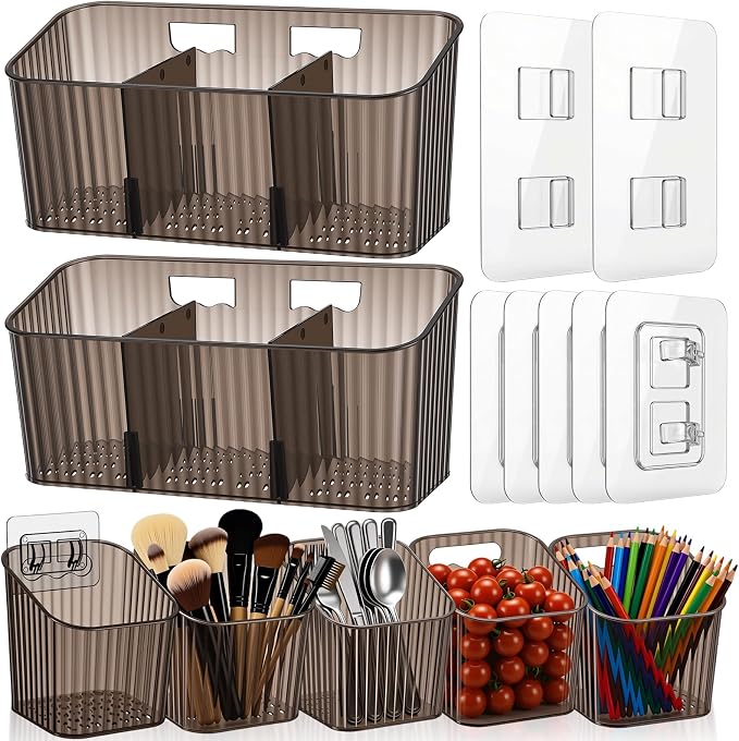 7 Pack Cabinet Door Organizer Adhesive Wall Mount Storage Bins Makeup Containers Stackable Organizer Basket for Kitchen Cabinets, Bathroom, Pantry, Office, Refrigerator (Frosted Gray) by Ferrochef