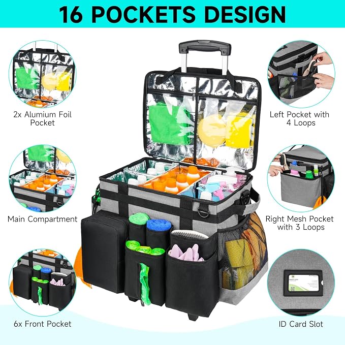 Cleaning Cadddy Bag with Rolling Cart, Large Cleaning Bag with Wheels | Cleaning Supplies Organizer with Detachable Trolley for Housekeepers, Housekeeping Cleaning Cart with Shoulder Strap & Handle - Image 5