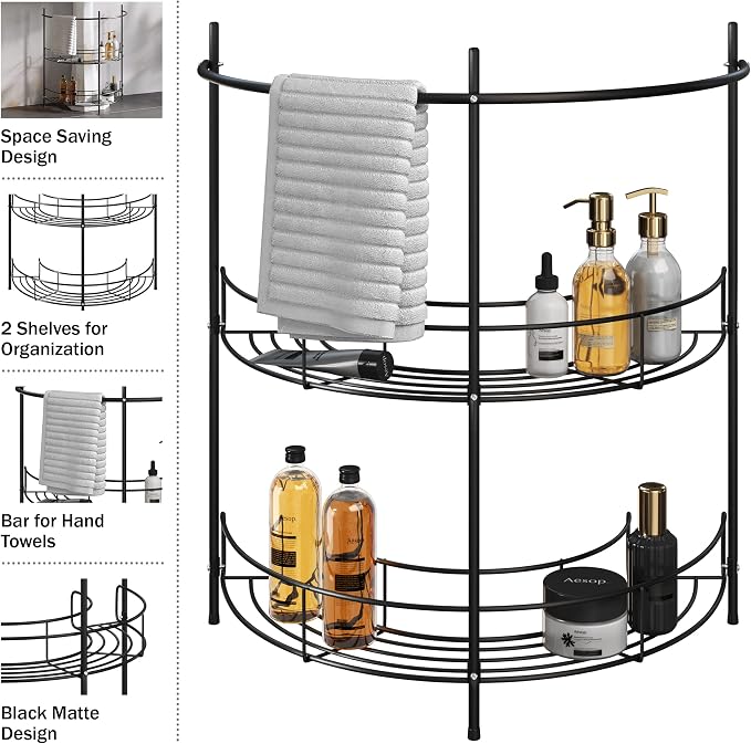 Lavish Home Pedestal Sink Organizer, Black, 21.25” x 11” x 23.25” | Compact Under Sink Rack with 2 Storage Shelves and Towel Holder - Space Saving Bathroom Storage - Image 3