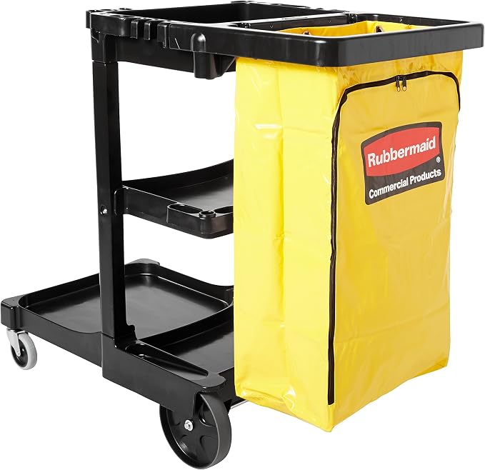 Rubbermaid Commercial Traditional Janitorial 3-Shelf Cleaning Cart, Wheeled with Zippered Yellow Vinyl Bag, for Business/School/Office/Janatorial Cleaning - Image 8