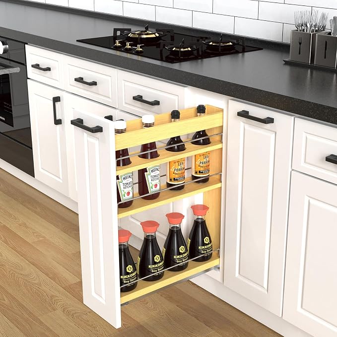 Pull Out Cabinet Organizer 8" Soft-Close Wood Pullout Shelf Organizer for Utilities Kitchen and Bathroom Base Cabinets, Slide Out Spice Rack - Image 4