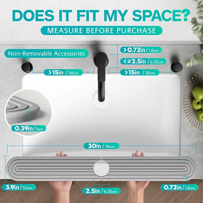 Stone Faucet Mat for Kitchen Sink – Diatomite Fast-Drying Stone Tray, Faucet Mat Sink Splash Guard, Decorative Sink Protector for Kitchen Bathroom Counter (Grey, 30''x3.9'') - Image 2
