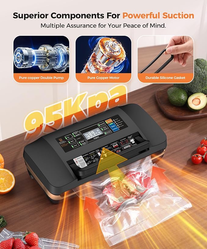 95KPa Powerful Commercial Vacuum Sealer Machine, 2X Strength Double Seal | 10-in-1 Dry/Moist Vacuum Sealer for Food, Built-in Cutter & Bags Storage, Easy-Lock Handle, Includes 1 Roll & 10 Bags, Black - Image 4