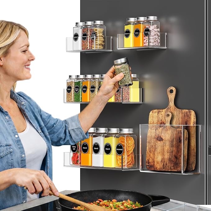 Magnetic Spice Rack Organizer for Refrigerator, Acrylic Magnetic Storage Shelf Set (5 Pack, 3 Sizes), Strong Fridge Organizer for Spices, Bottles, Wraps & Snacks, Space-Saving Kitchen Storage Solution - Image 3