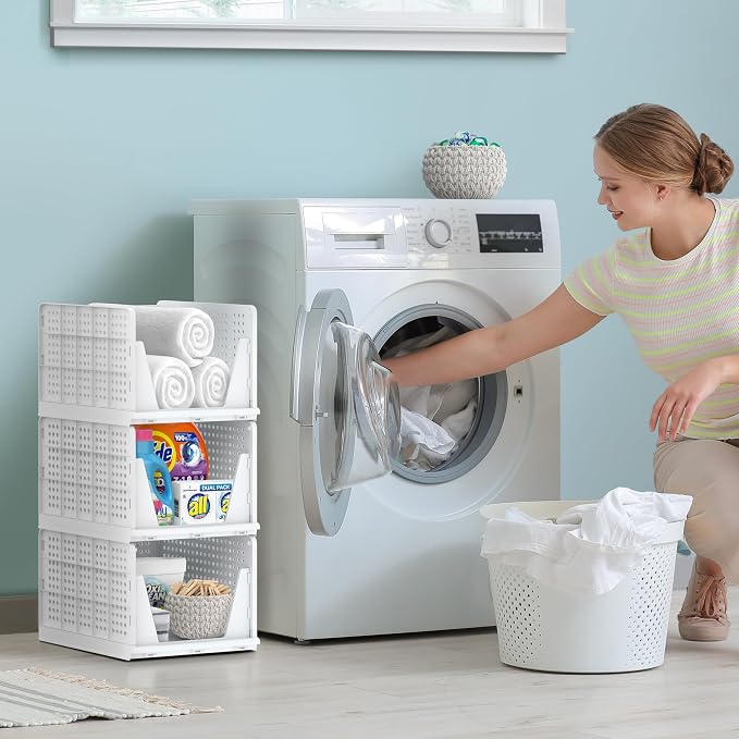 Sorbus 3 Pack Folding Closet Shelf Organizer for Clothes - Versatile Stackable Storage Baskets for Closet, Bathroom, Kitchen and Garage - Easy Access Open Front Design - Plastic Organizer Shelves - Image 2