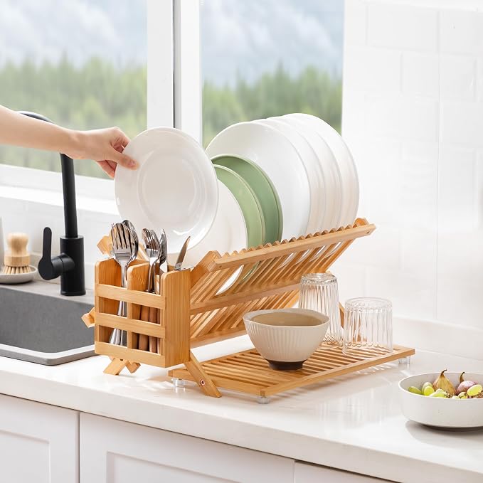 Bamboo 3 Tier Dish Drying Rack with Utensil Holder | Collapsible Dish Rack for Kitchen Counter, Large Folding Drying Holder, Dish Drainer, Kitchen Organizers and Storage - Image 5