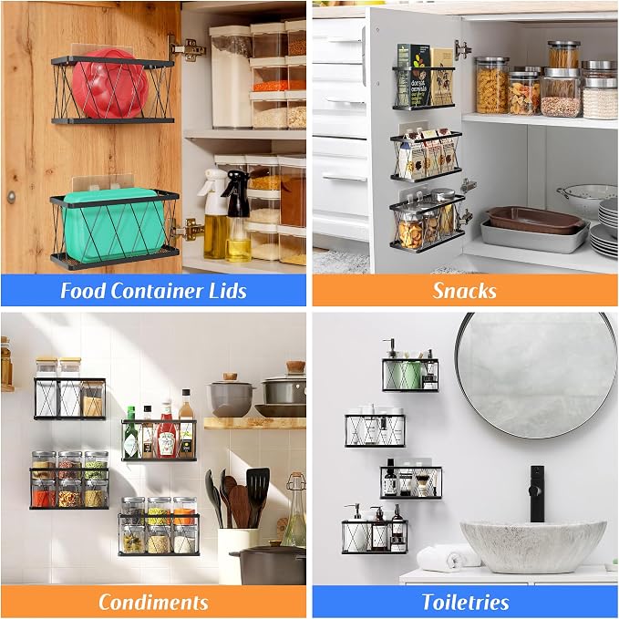 BasicForm 4 Pack Metal Kitchen Inside Cabinet Door Organizer, Adhesive Lid Organizers Cabinet Door Storage for Tupperware Lid, Storage Holder Basket for Kitchen Wall Mounted (Black) - Image 5