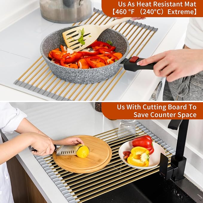 Golden Roll-UP Dish Drying Rack-Large Stainless Steel Dish Drainer Over The Sink for Kitchen Countertop, Applicable for Sink Width Less Than 16.5in (Gold,17.8'x 15.7') - Image 4