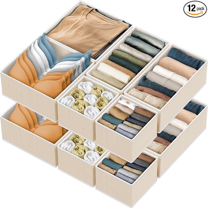 Simple Houseware Foldable Drawer Organizer Stocking Bin, Set of 12, Beige | Fabric Storage Bins for Clothes, Underwear, Bra, Panty, Socks, Onesies – Closet & Dresser Dividers for Home by SimpleHouseware