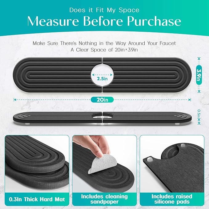 Stone Faucet Mat for Kitchen Sink – Diatomite Fast-Drying Stone Tray, Faucet Mat Sink Splash Guard, Decorative Sink Protector for Kitchen Bathroom Counter (Dark Grey, 20''x3.9'') - Image 4