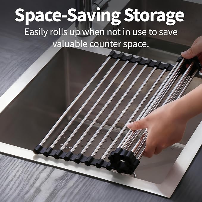 Roll Up Dish Drying Rack for Over Sink -17.5"x11.8" Foldable Stainless Steel Kitchen Drainer, Black - Image 4
