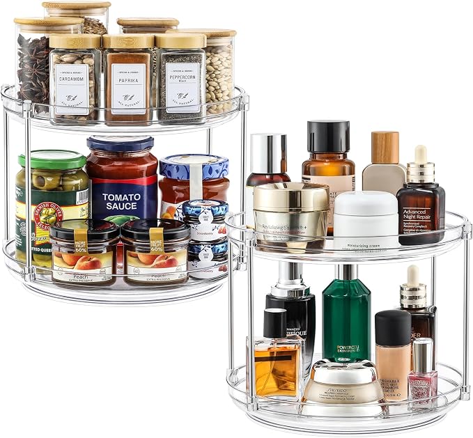 2 SET 2 Tier Non-Skid Acrylic Lazy Susan Organizer - Rotating Spice Rack - Turntable Spinning Organization for Kitchen, Pantry, Countertop, Closet, Bathroom, Vanity, Medicine Cabinet Organizing,9.25'' by MakeLifeBetterEasier