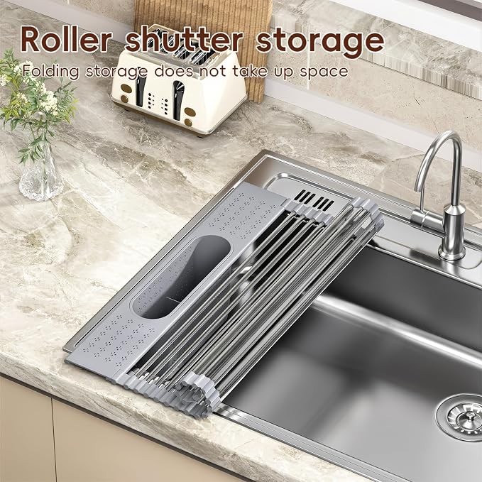 Roll Up Dish Drying Rack Over Sink, 17.5" x 15.2" Foldable SUS304 Stainless Steel Kitchen Dish Drainer, Heat-Resistant Multipurpose Rolling Sink Rack Organizer,Grey - Image 4