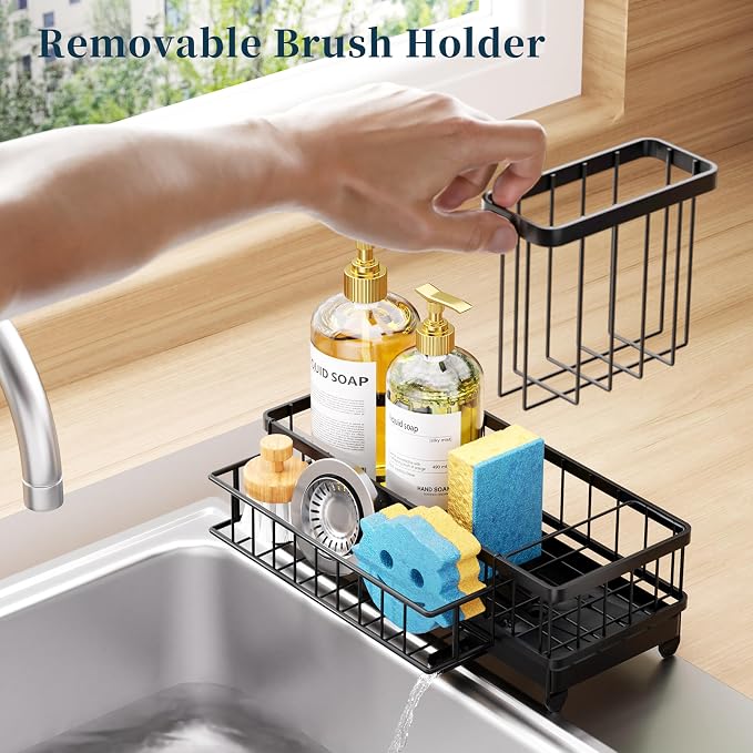 Consumest Sponge Holder for Kitchen Sink - Auto Draining Sink Caddy Organizer with Detachable Rack, High Brush Holder, Kitchen Countertop Storage Accessories, Black-Extra Large - Image 3
