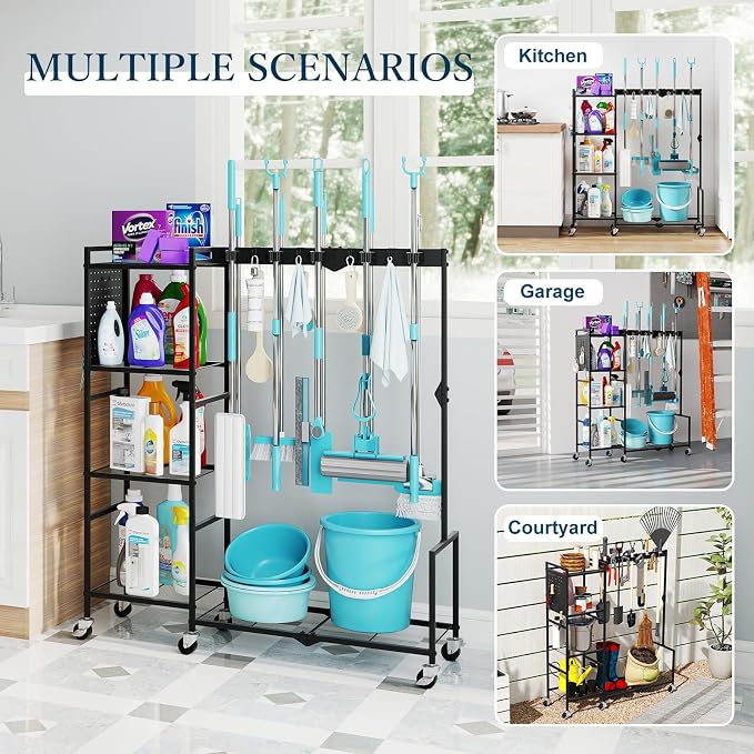 Broom Holder with Cleaning Supplies Organizer, Heavy Duty Janitorial Housekeeping Cart with Mop Clips & Hooks, Home Essentials Broom Closet Storage, Multifunctional Cleaning Cart for Laundry - Image 7