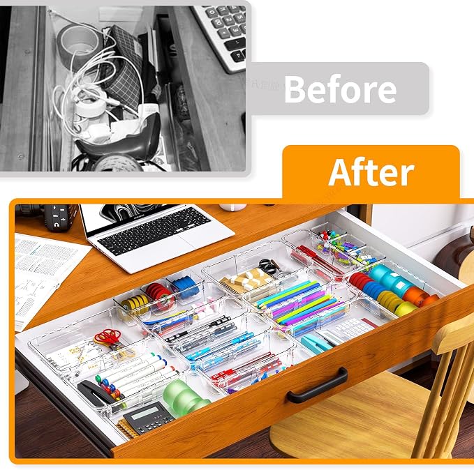 16 Pcs Upgraded Extendable Clear Drawer Organizer, Adjustable Vanity Storage Box, 3-Size Desk Drawer Organizer, Durable Storage Bins for Makeup, Cosmetic, Bedroom Dressers Tool Organizer for Gadgets - Image 5