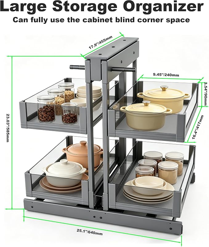 Blind Corner Cabinet Pull Out Organizer, Heavy-Duty Magic Corner Shelves with Soft Close, 2-Tier Full Extension Baskets for 13",14.1",15.3",16.9" Kitchen Cabinets, Left & Right Compatible - Image 3