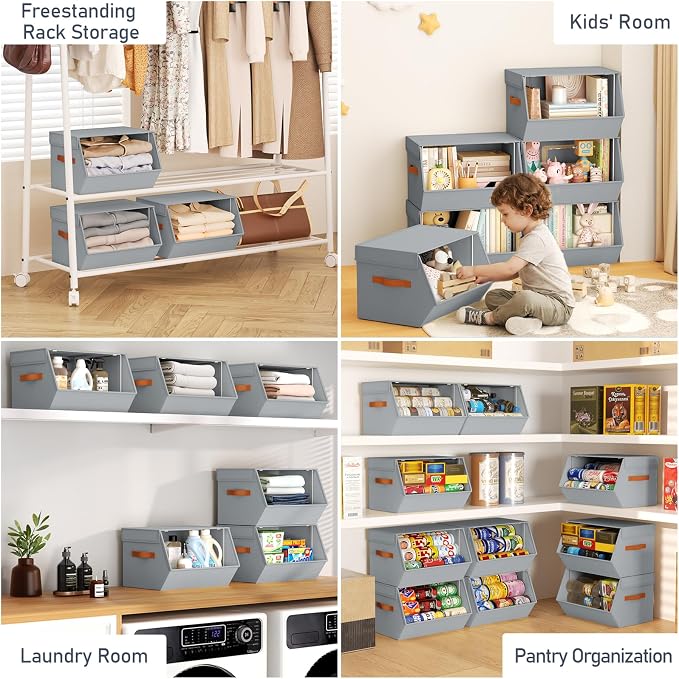 Stackable Closet Organizers and Storage Bins, Open Front Closet Shelf Organizer System With Steel Frame, Clothes Storage Basket Fabric, Collapsible Closet Drawers for Wardrobe, Nursery ,Toy, 4 Pack - Image 5