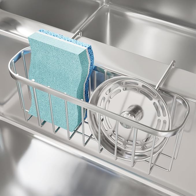 SWTYMIKI Sponge Holder for Kitchen Sink, Movable Kitchen Sink Caddy with Compact Size Rustproof and Waterproof Hanging Sponge Caddy for Double Bowl Sinks, Silver by SwtyMiki-TidyHomeSweetLife