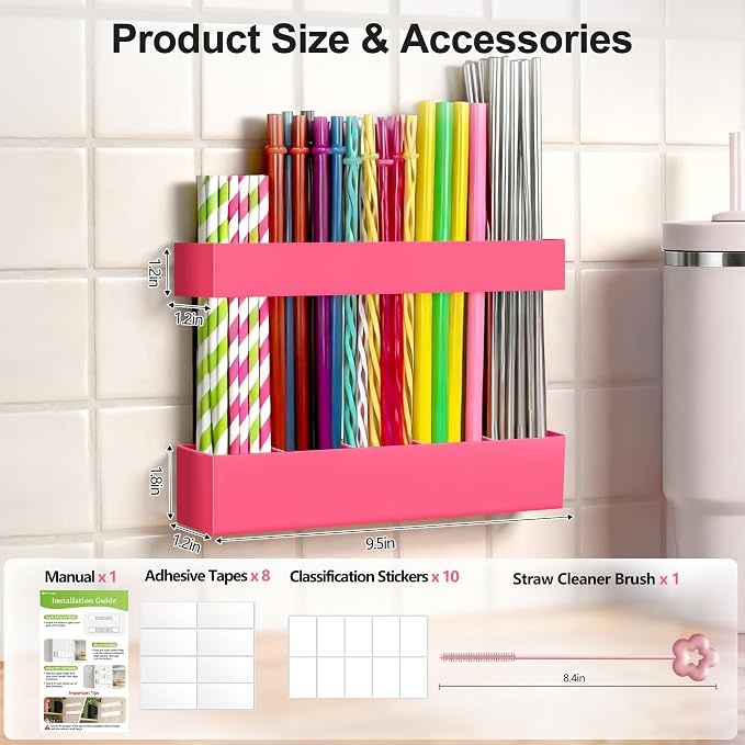 9.5” Large Acrylic Straw Holder for Cabinet Door, Adjustable Two-Part | Reusable Straws Organizer with Ultra Sticky Adhesive Strips, 2026 Straw Storage for Kitchen Cupboard (Hot Pink) - Image 8