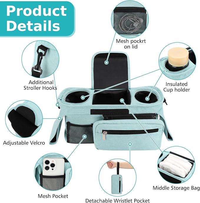 Accmor Universal Stroller Organizer with Insulated Cup Holder Detachable Phone Bag and Shoulder Strap,Stroller Bag Caddy Organizer for Uppababy, Baby Jogger, Britax Strollers - Image 4