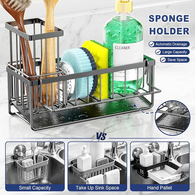 Sponge Holder for Kitchen Sink, Kitchen Sink Caddy, Kitchen Sink Sponge Holder, Dish Sponge Holder, Kitchen Sink Organizer for Sponge, Dish Brush, Scrubber(9.65" x 3.74" x 6.3", Dark gray) - Image 4