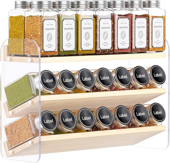 MUDEELA 3 Tiered Spice Rack Organizer for Cabinet, (No Jars Included) | Clear Vertical Spice Shelf, Wooden Seasoning Organizer for Countertop, Kitchen, Pantry, Freestanding, 13.3" W × 11.2" H by MUDEELA