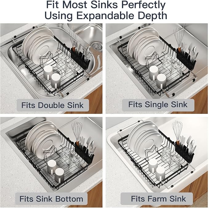 Dish Drying Rack Over The Sink with Utensil Holder, Mat | Expandable Stainless Steel Dish Drainer for Small Kitchen, Apartment, RV, Counter Space Saving, Perfect Fit, Rustproof - Image 5