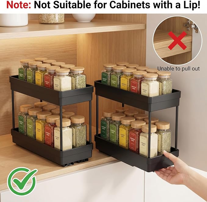Pull Out Spice Rack,2 Pack 2-Tier Cabinet Organizer, Black | Kitchen Pantry Slide Out Seasoning, Fits Cabinets 12"H x 11"D x 5"W - Image 4