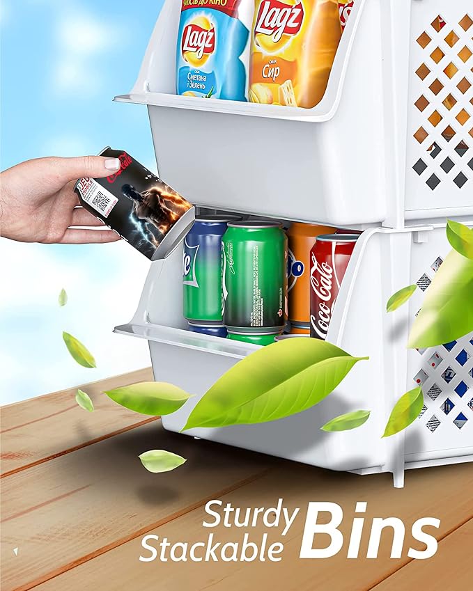 Skywin Stackable Storage Bins Open Front for Pantry Storage, 4 Pack - White | Sturdy Plastic, Easy Stacking, Open Front Access, Ventilated Sides, Vertical & Space Saving Pantry Organizers and Storage Bin - Image 6