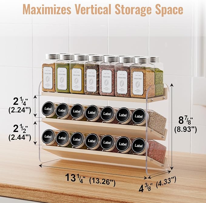 MUDEELA 3 Tiered Spice Rack Organizer for Cabinet, (No Jars Included) | Clear Vertical Spice Shelf, Wooden Seasoning Organizer for Countertop, Kitchen, Pantry, Freestanding, 13.3" W × 11.2" H - Image 7