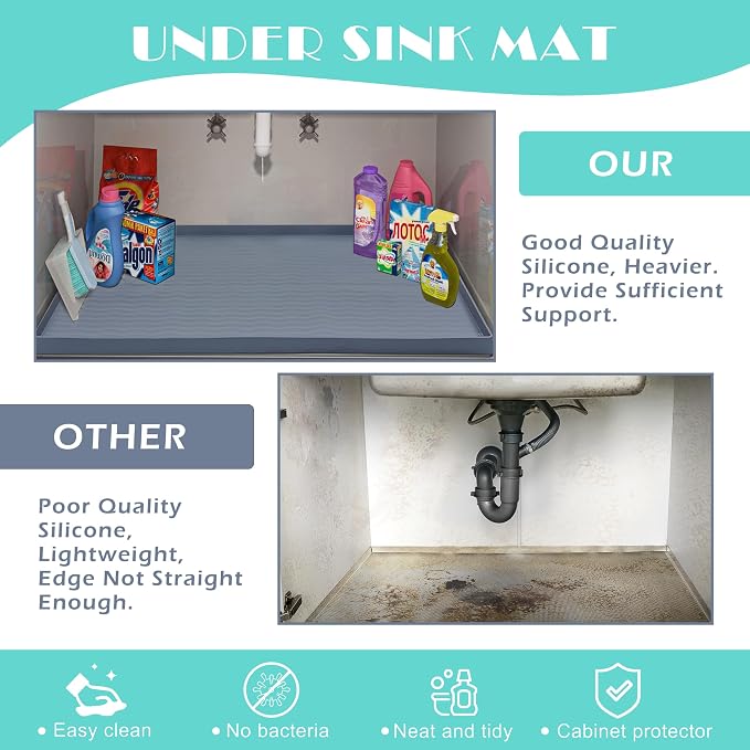 URMONA Waterproof Silicone Under Sink Mat 25'' x 22'' Shelf Liner for Kitchen and Bathroom, Cabinet and Counter Protector, Storage and Organizers, Litter Mat, Pet Cat Puppy Essentials(Beige) - Image 5