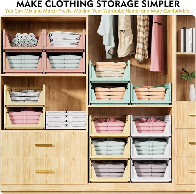 8 Pack Closet Organizers and Storage, Stackable & Foldable Closet Bins | Closet Storage Basket for Bathroom, Kitchen, Laundry Room, Drawer Shelf & Wardrobe Storage, Space-Saving Design, White - Image 3