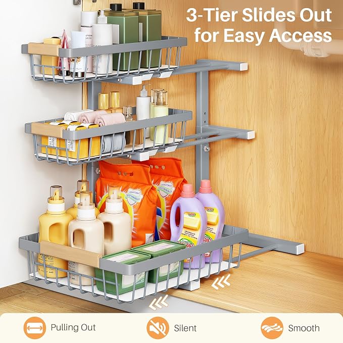 PXRACK Under Sink Organizer, 2-Pack 3-Tier Height Adjustable Thickened Metal Pull out Cabinet Organizer Shelf, Slide out Storage Drawer Rack for Bathroom Kitchen Pantry Home Organization, Grey - Image 5
