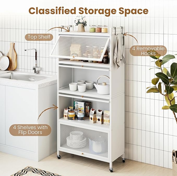 GIANTEX 5-Tier Kitchen Storage Cabinet, 4 PC Doors, Rolling Wheels (White) | Mobile Metal Pantry Cabinet with 4 Hooks & Adjustable Feet, Baker's Rack Microwave Stand for Dining & Living Room - Image 6