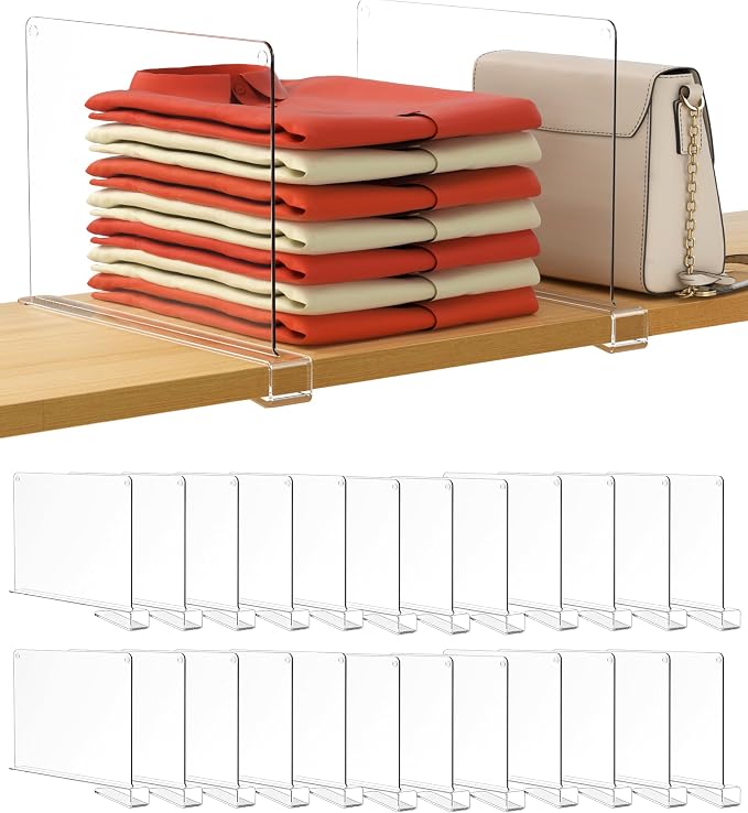 HBlife 24 Pack Clear Shelf Dividers, Vertical Purse Organizer for Closet Perfect for Sweater, Shirts, Handbags in Bedroom and Kitchen, Adjustable Acrylic Bookshelf for Organization by HBlife