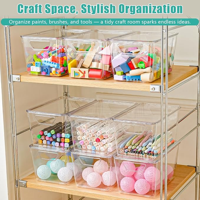 6 Pack Medium Clear Storage Bins with Lids, Acrylic Arts and Craft Storage Containers, Stackable Clear Plastic Craft Storage Bins with Handles for Classroom Storage Organization,Kitchen, Fridge,Office - Image 4