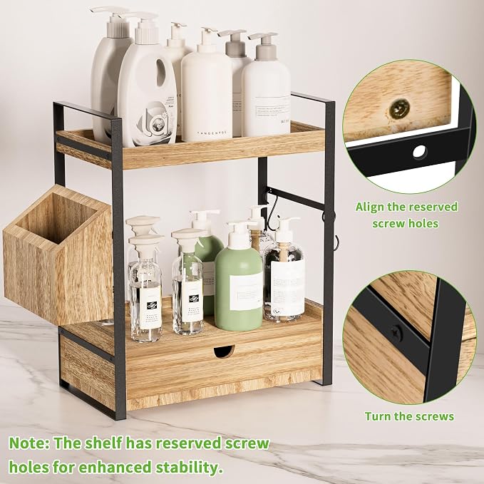 2-Tier Bathroom Counter Organizer, Wooden Vanity Shelf with Drawer & Basket | Pre-Drilled Holes, Skincare & Makeup Countertop Organizer and storage - Image 3