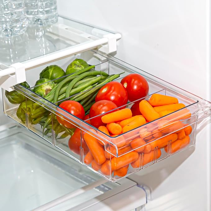BINO | Pull-out Fridge Organizer | THE HANGER COLLECTION | Fridge Drawer Organizer with 2 Dividers | Clear Pantry Drawer Organizers | Shelf Holder Storage Drawers for Fruits, Veggies & Drinks by BINO