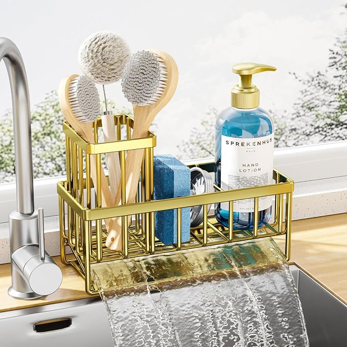 Kitsure Sponge Holder for Kitchen Sink, 7.9"x3.7"x6.2", Gold | Kitchen Sink Caddy, Home Decor Accessories, Stainless Steel, High Brush Holder by Kitsure