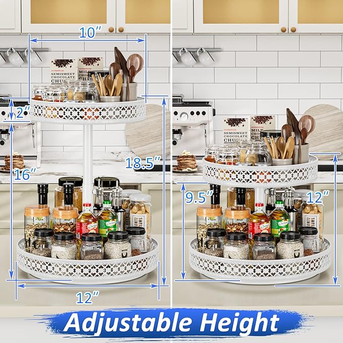2 Tier Lazy Susan Organizer - Adjustable Rotating Spice Rack 12 inch | Floral Turntable Lazy Susan for Cabinet Pantry Kitchen Countertop Table Top Cupboard Bathroom Vanity Storage Metal White - Image 3