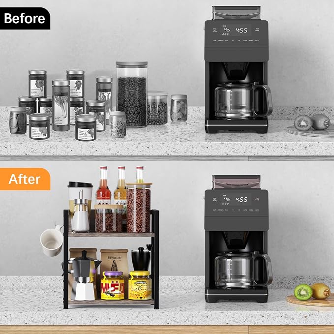 Kitchen Countertop Organizer, Coffee Bar Station Organizer for Countertop, 2 Tiers Kitchen Counter Shelf, Wooden Spice Rack Organizer, Space Saving Desk Shelving Riser Unit - Image 6