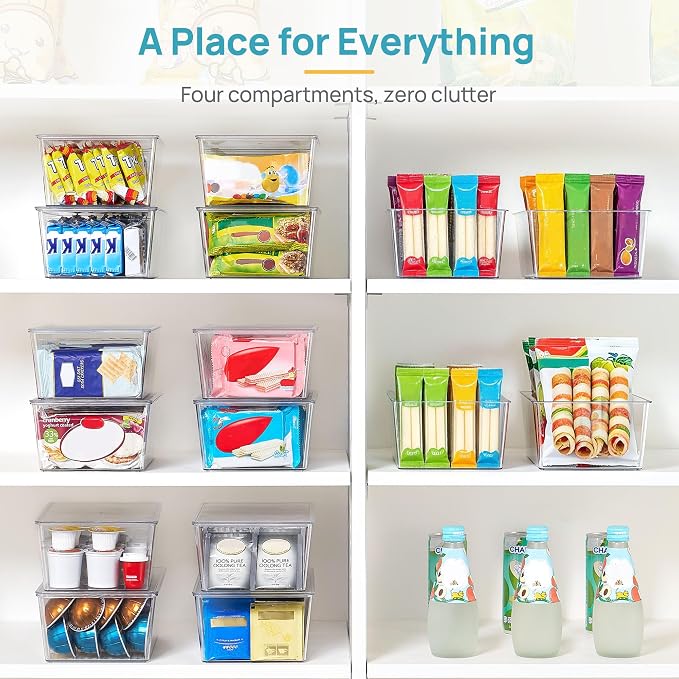 Vtopmart 4 Pack Pantry Organizer Bins with Lids, Removable Dividers | Clear Bins with Removable Dividers,Stackable Design for Pantry and Cabinet Organization of Tea Bags,Snacks & Spice Packets - Image 5