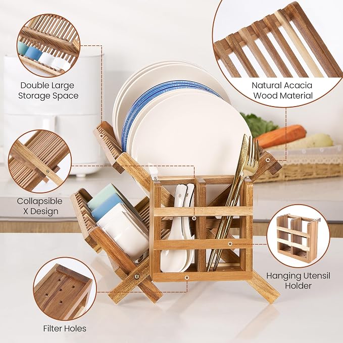 NOVAYEAH Acacia Wooden Dish Drying Rack for Kitchen Counter 2-Tier Collapsible Bmaboo Dish Drying Rack with Utensil Holder-Large Folding Dish Drainer Rack with Flatware Holder 34 pcs Grid | 2-Tier Collapsible Dish Drying Rack with Utensil Holder-Large ... - Image 3